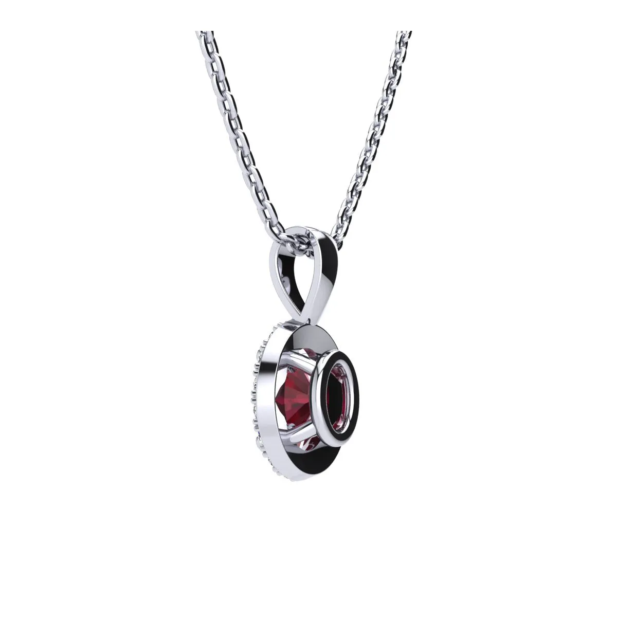 1 2/3 Carat Oval Shape Ruby And Halo Diamond Necklace In 14 Karat White Gold With 18 Inch Chain