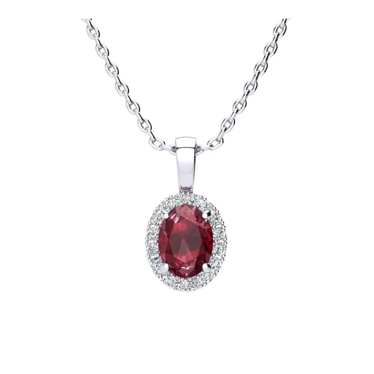 1 2/3 Carat Oval Shape Ruby And Halo Diamond Necklace In 14 Karat White Gold With 18 Inch Chain