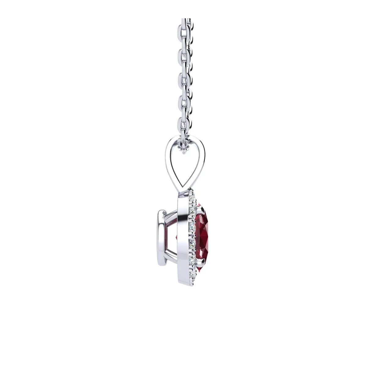 1 2/3 Carat Oval Shape Ruby And Halo Diamond Necklace In 14 Karat White Gold With 18 Inch Chain