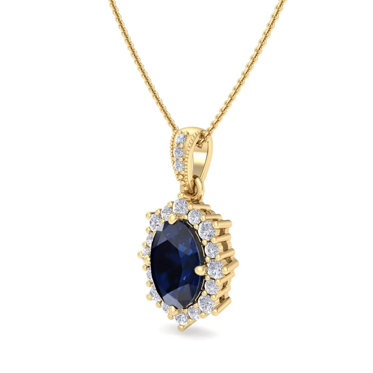 1 3/4 Carat Oval Shape Sapphire And Diamond Necklace In 14K Yellow Gold