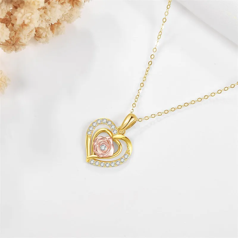 14K Gold Rose Necklace 14K Solid Yellow Gold Rose Heart Pendant Necklace Gold Rose Flower Jewelry for Women Girls Gifts