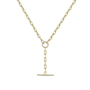 14k Large Square Oval Chain Pavé Diamond Faux Toggle Lariat Necklace