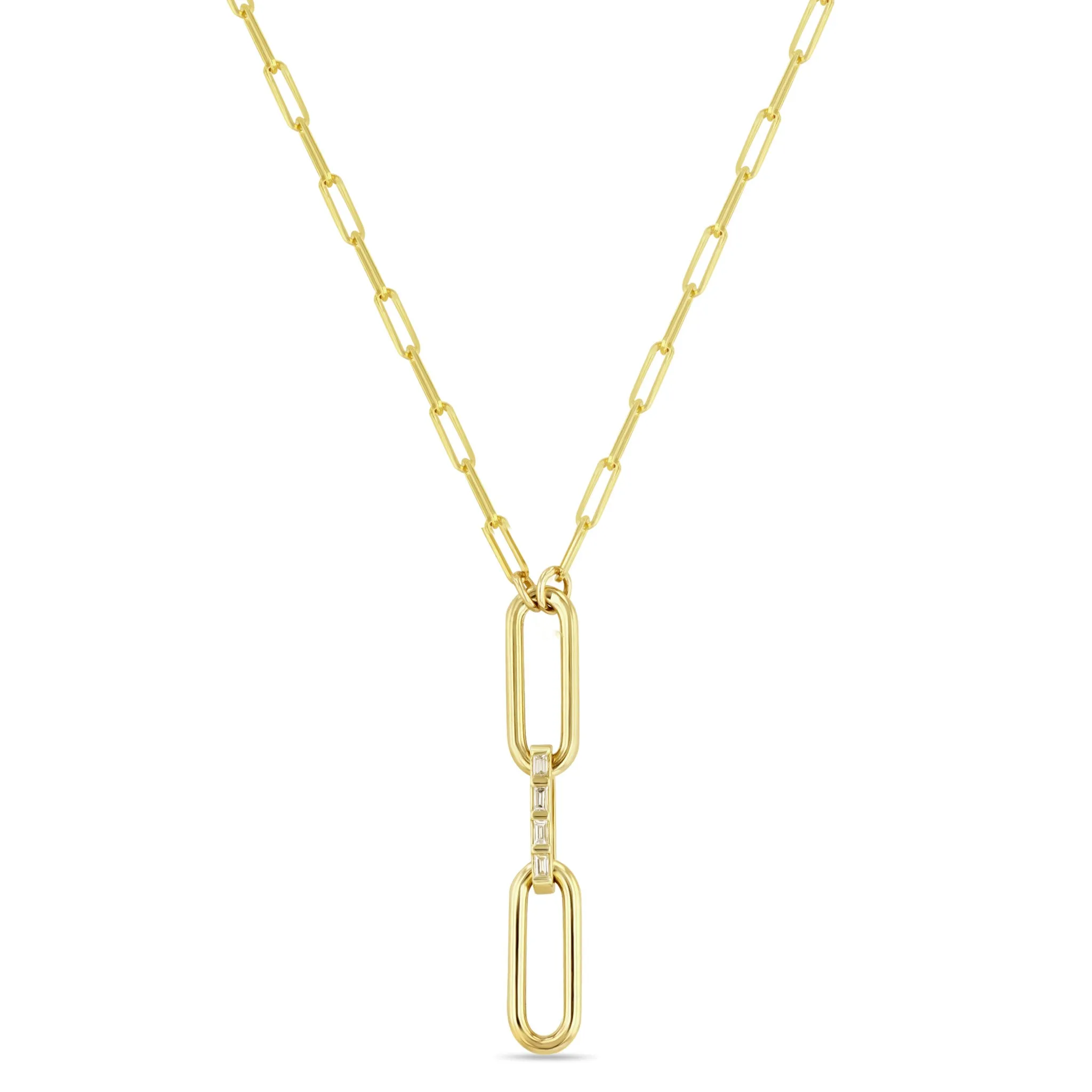 14k Mixed Paperclip Chain Lariat with Baguette Diamond Link