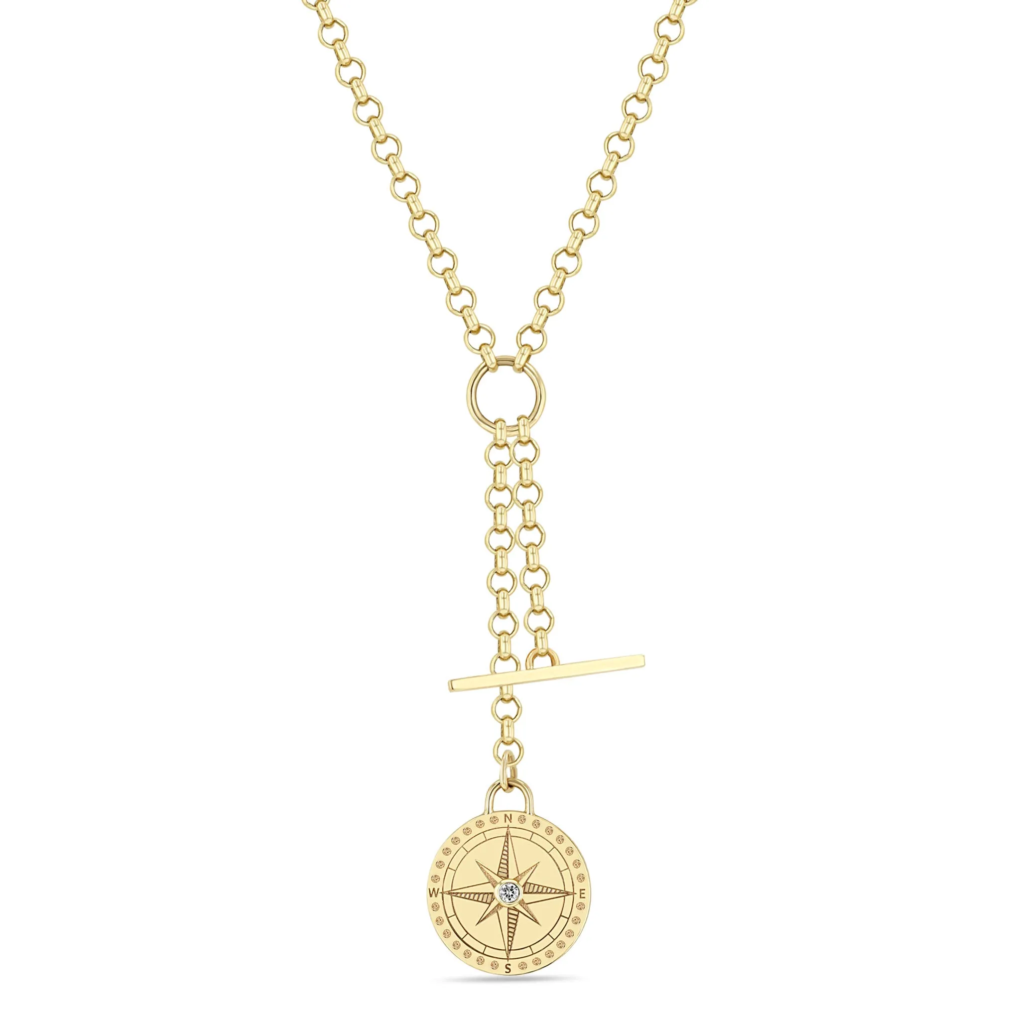 14k Small Compass Medallion & Toggle Medium Rolo Chain Lariat