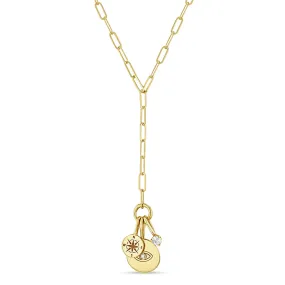 14k Small Paperclip Chain Lariat with Evil Eye Disc, Compass & Diamond Charms