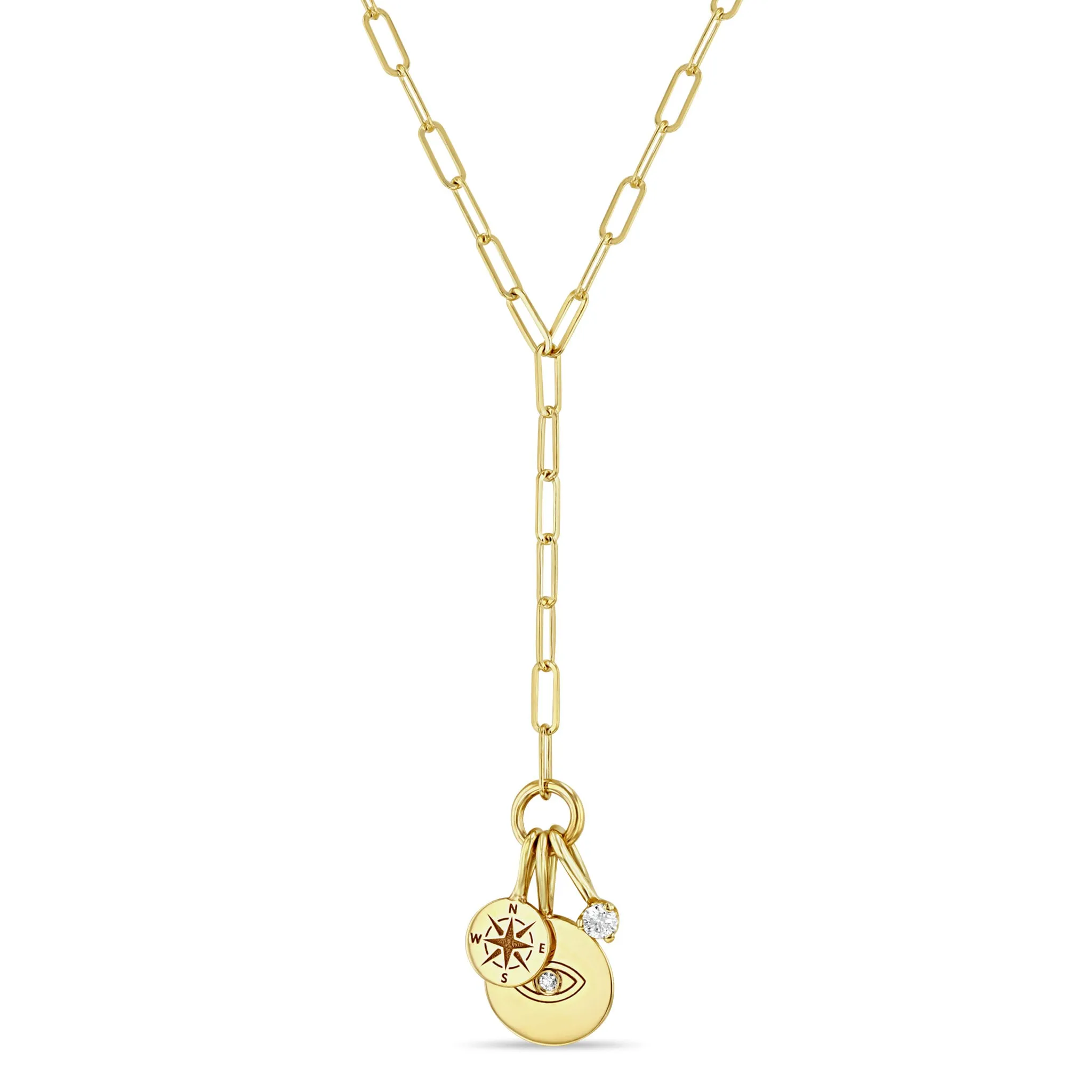 14k Small Paperclip Chain Lariat with Evil Eye Disc, Compass & Diamond Charms