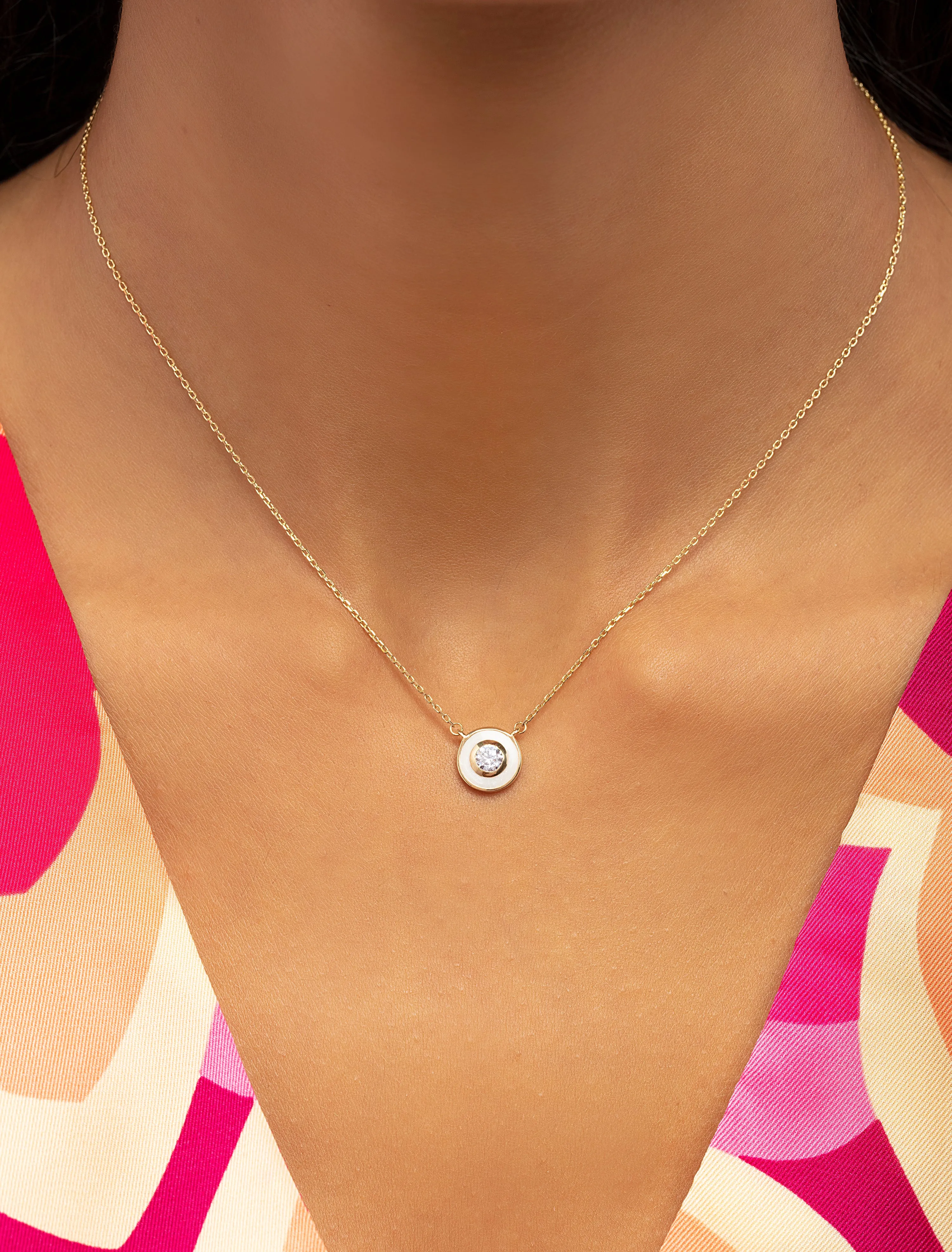 18K Gold Enamel-Encircled Delicate Pendant Necklace