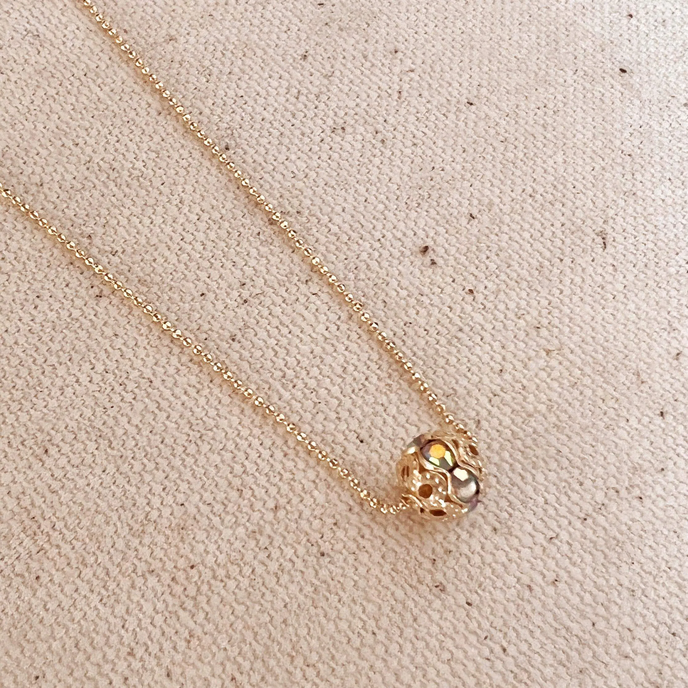 18k Gold Filled Beaded Necklace with Solitaire Ball