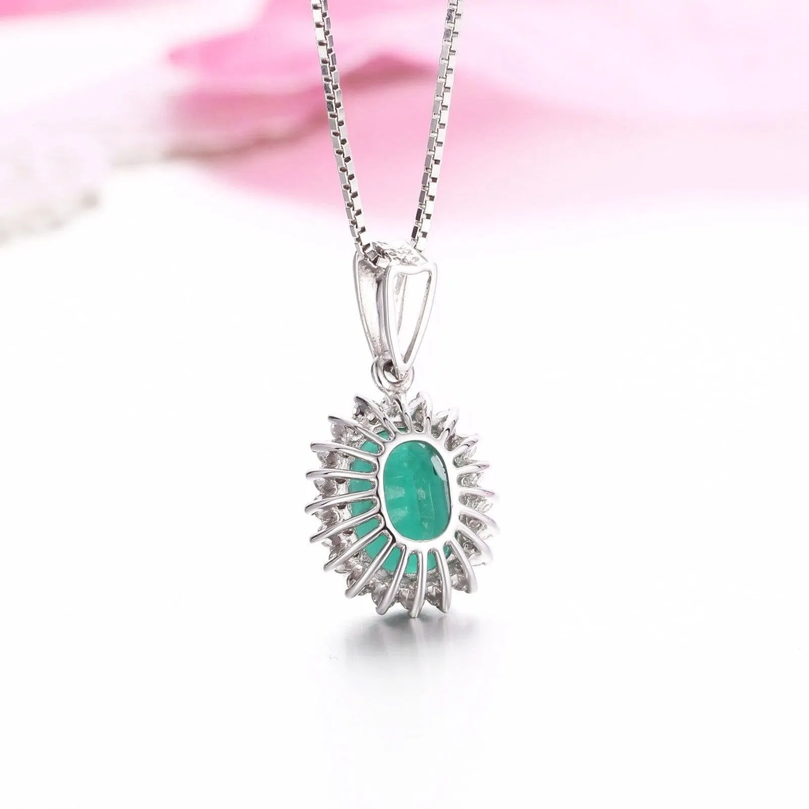 18K White Gold Emerald & 1/6 CTW Diamond Pendant Necklace