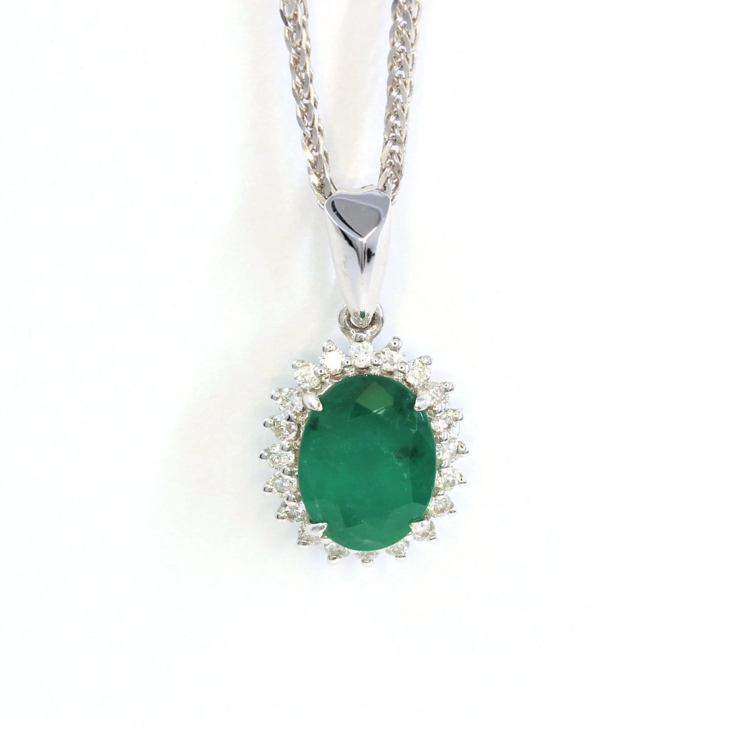 18K White Gold Emerald & 1/6 CTW Diamond Pendant Necklace