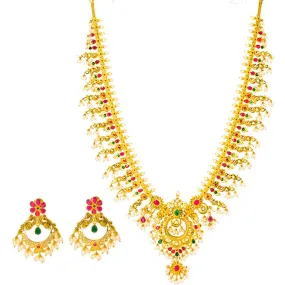 22K Yellow Gold Guttapusalu Necklace and Earrings Set W/ Emeralds, Pearls, CZ, Rubies & Peacock Accents