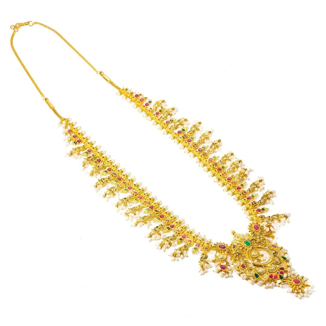 22K Yellow Gold Guttapusalu Necklace and Earrings Set W/ Emeralds, Pearls, CZ, Rubies & Peacock Accents