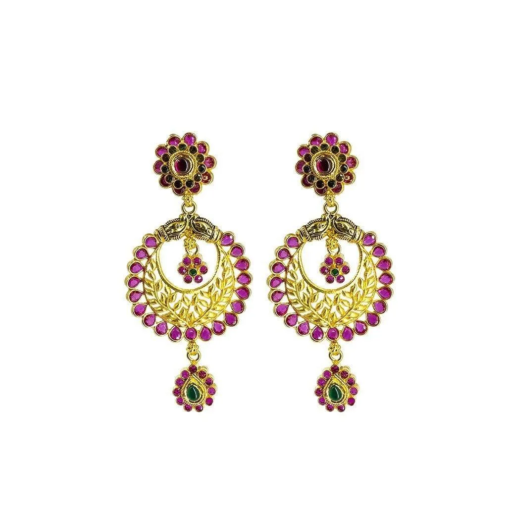 22K Yellow Gold Necklace & Earrings Set W/ CZ, Ruby, Emerald, Pearls & Laxmi Pendant on U-Shaped Beaded Chain