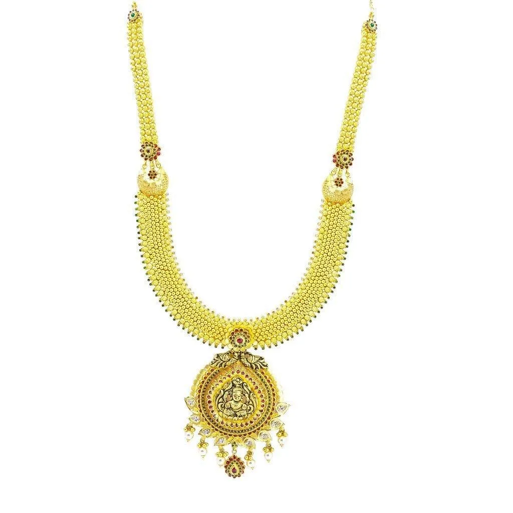 22K Yellow Gold Necklace & Earrings Set W/ CZ, Ruby, Emerald, Pearls & Laxmi Pendant on U-Shaped Beaded Chain