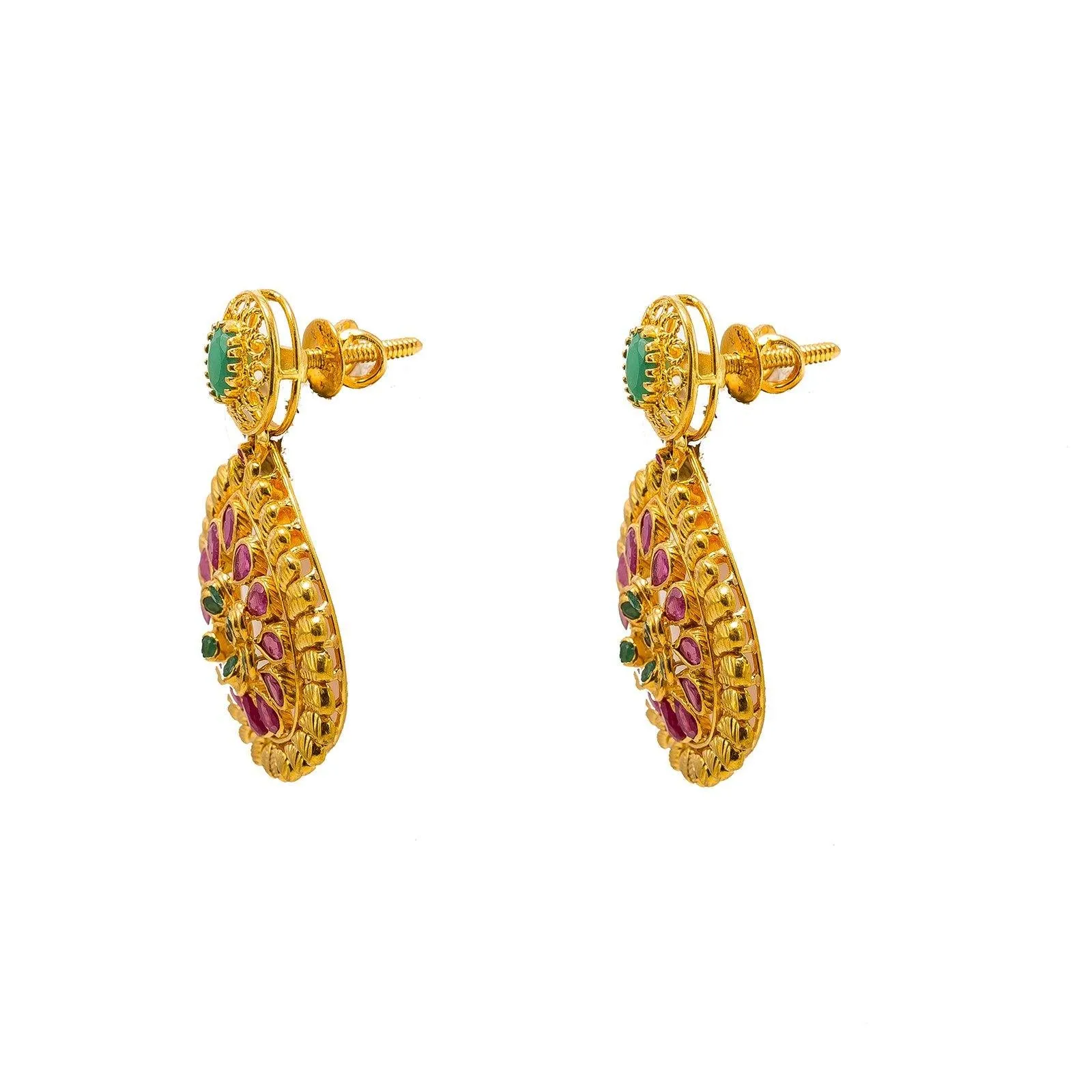 22K Yellow Gold Necklace & Earrings Set W/ Emeralds, Rubies & Ornate Draped Design