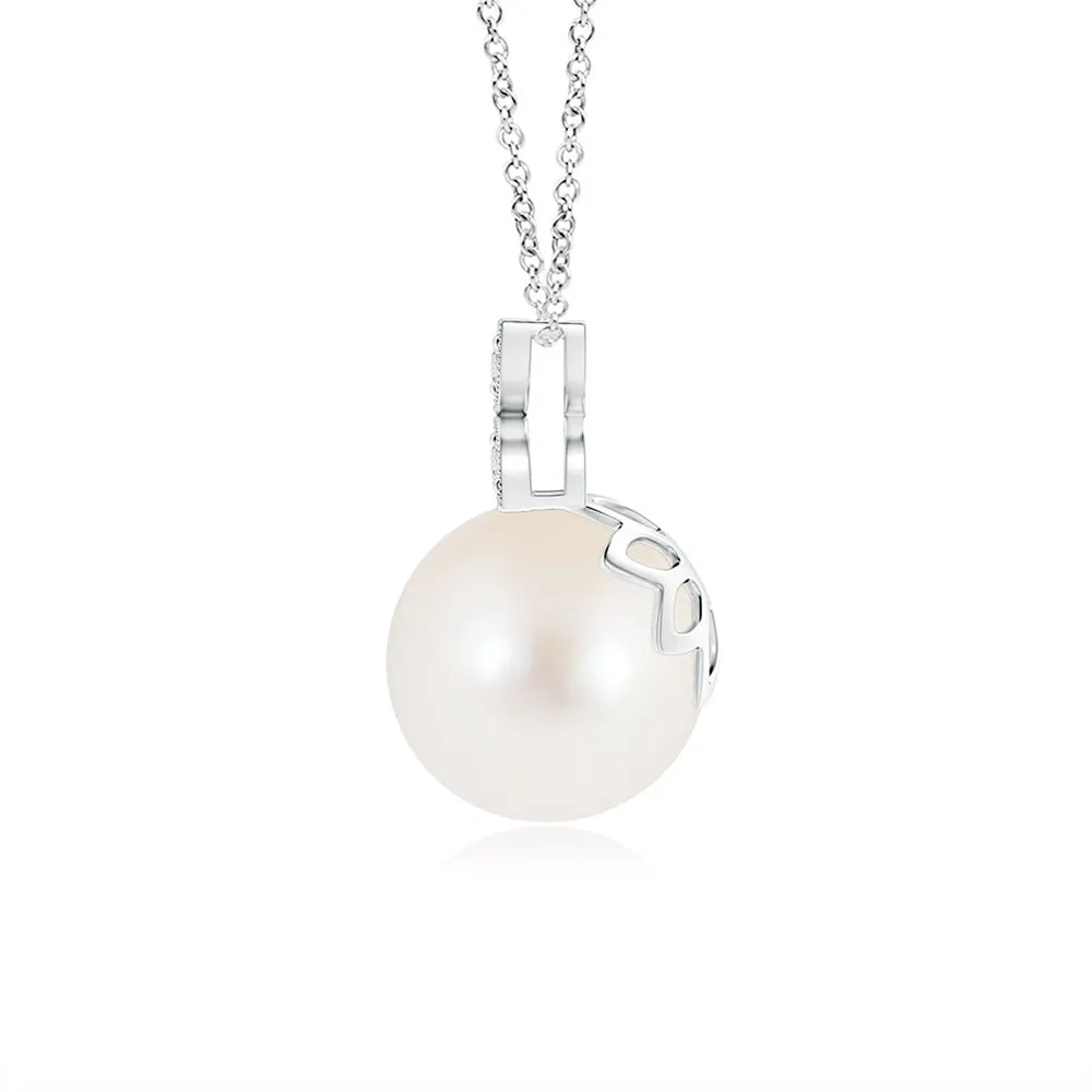 8mm Freshwater Cultured Pearl Pendant with Moissanite-Adorned Floral Bale