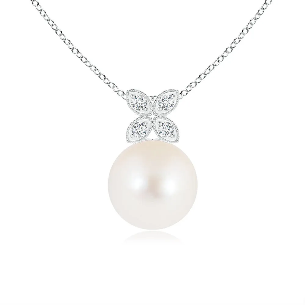 8mm Freshwater Cultured Pearl Pendant with Moissanite-Adorned Floral Bale