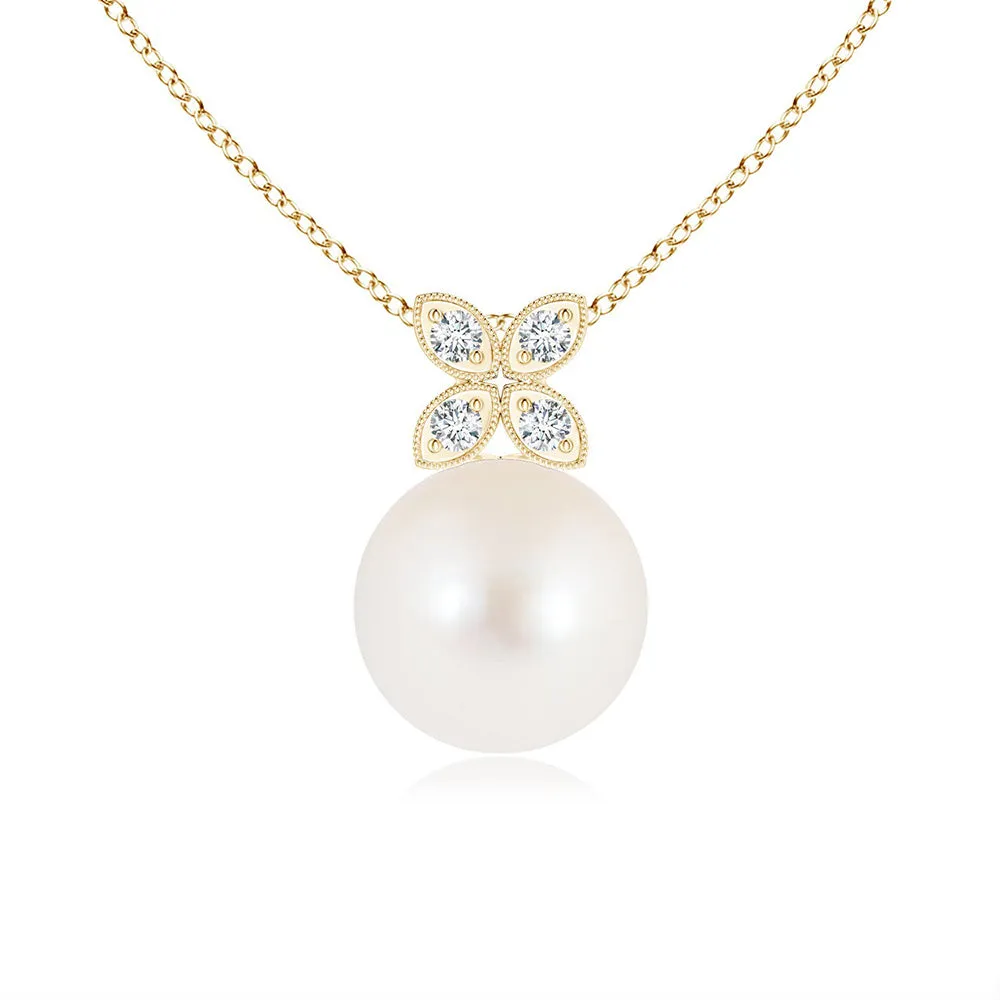 8mm Freshwater Cultured Pearl Pendant with Moissanite-Adorned Floral Bale