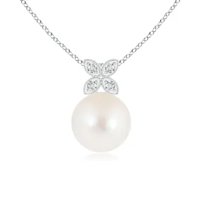 8mm Freshwater Cultured Pearl Pendant with Moissanite-Adorned Floral Bale