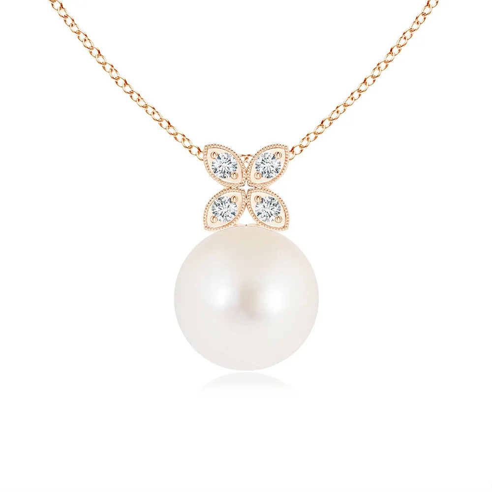 8mm Freshwater Cultured Pearl Pendant with Moissanite-Adorned Floral Bale