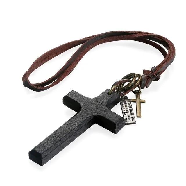 Adjustable Leather Wood Cross Necklace