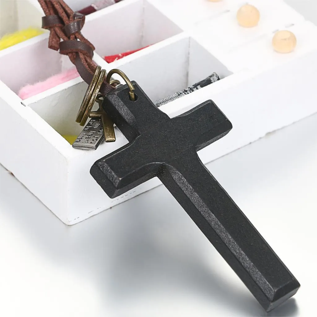 Adjustable Leather Wood Cross Necklace