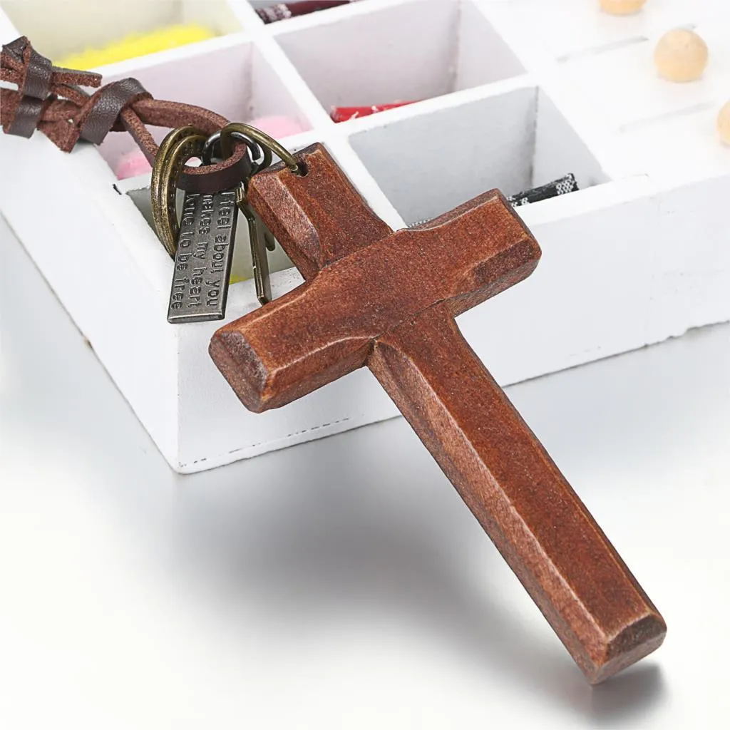 Adjustable Leather Wood Cross Necklace