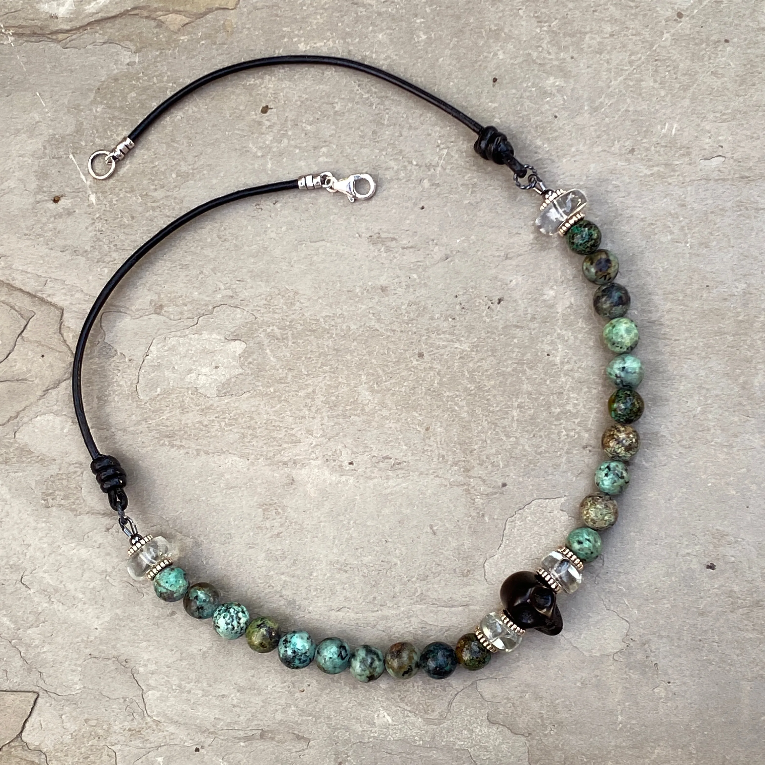 African Turquoise, Green amethyst gemstone, and Sterling Silver Leather Necklace