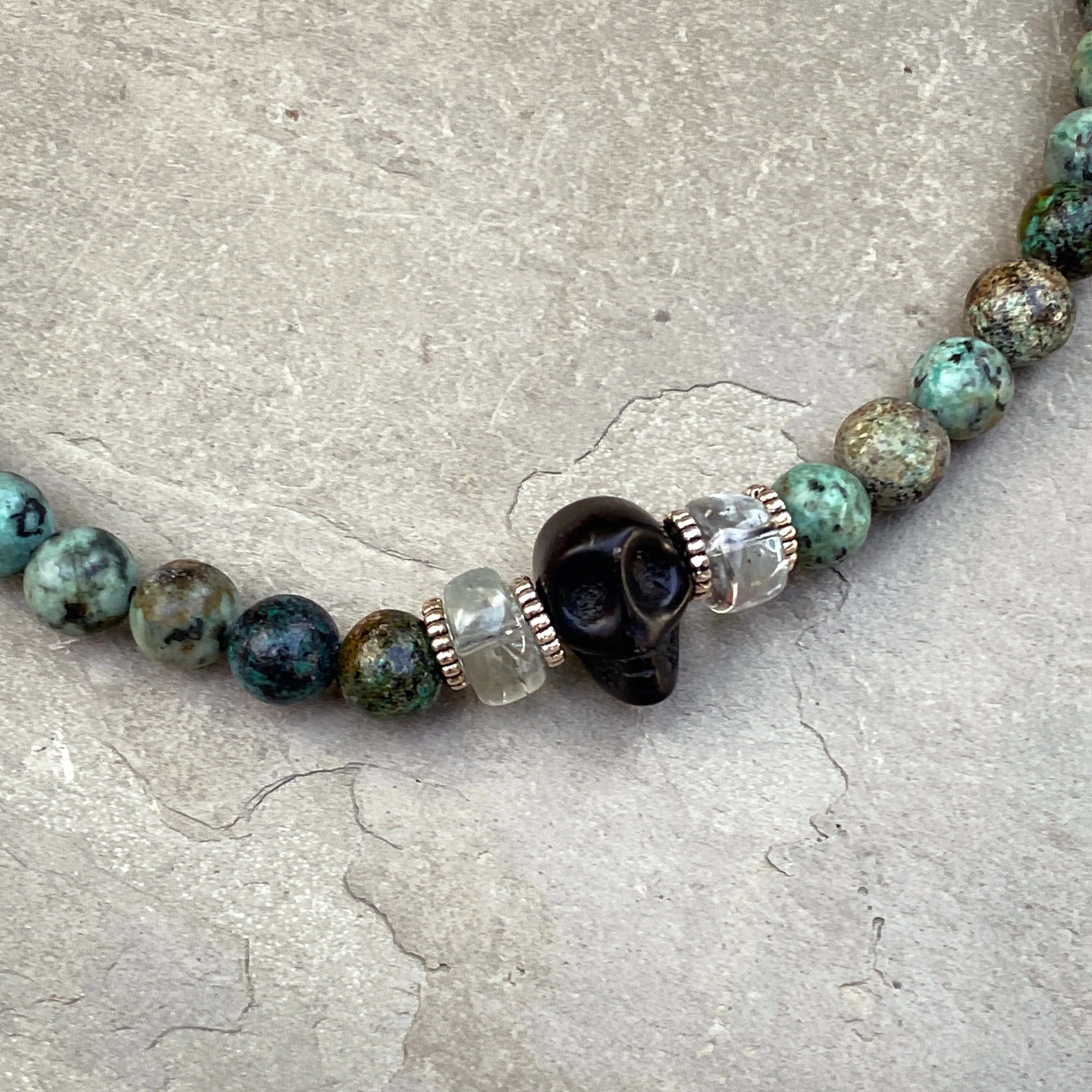 African Turquoise, Green amethyst gemstone, and Sterling Silver Leather Necklace