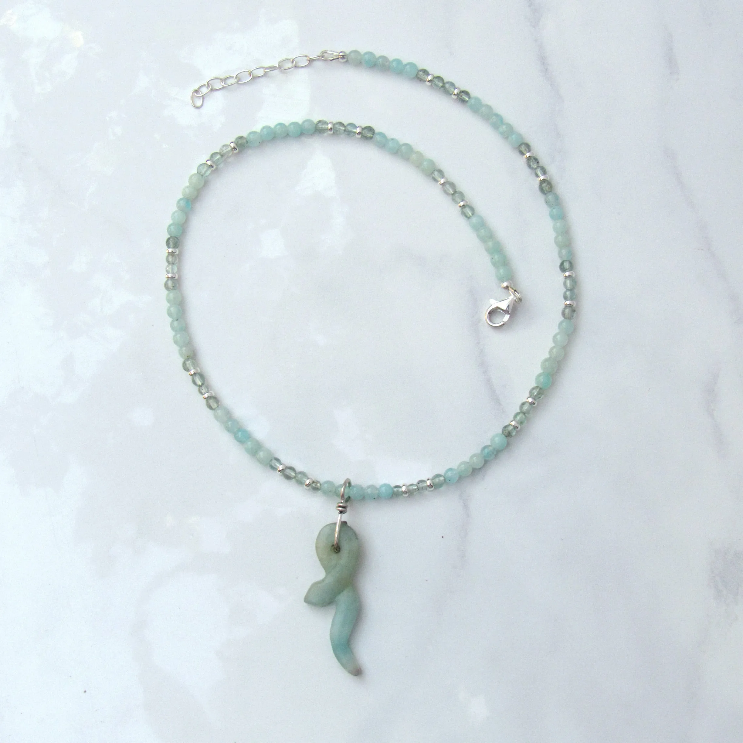 Amazonite Gemstone Snake Hand Wrapped on Amazonite and Apatite beaded Necklace