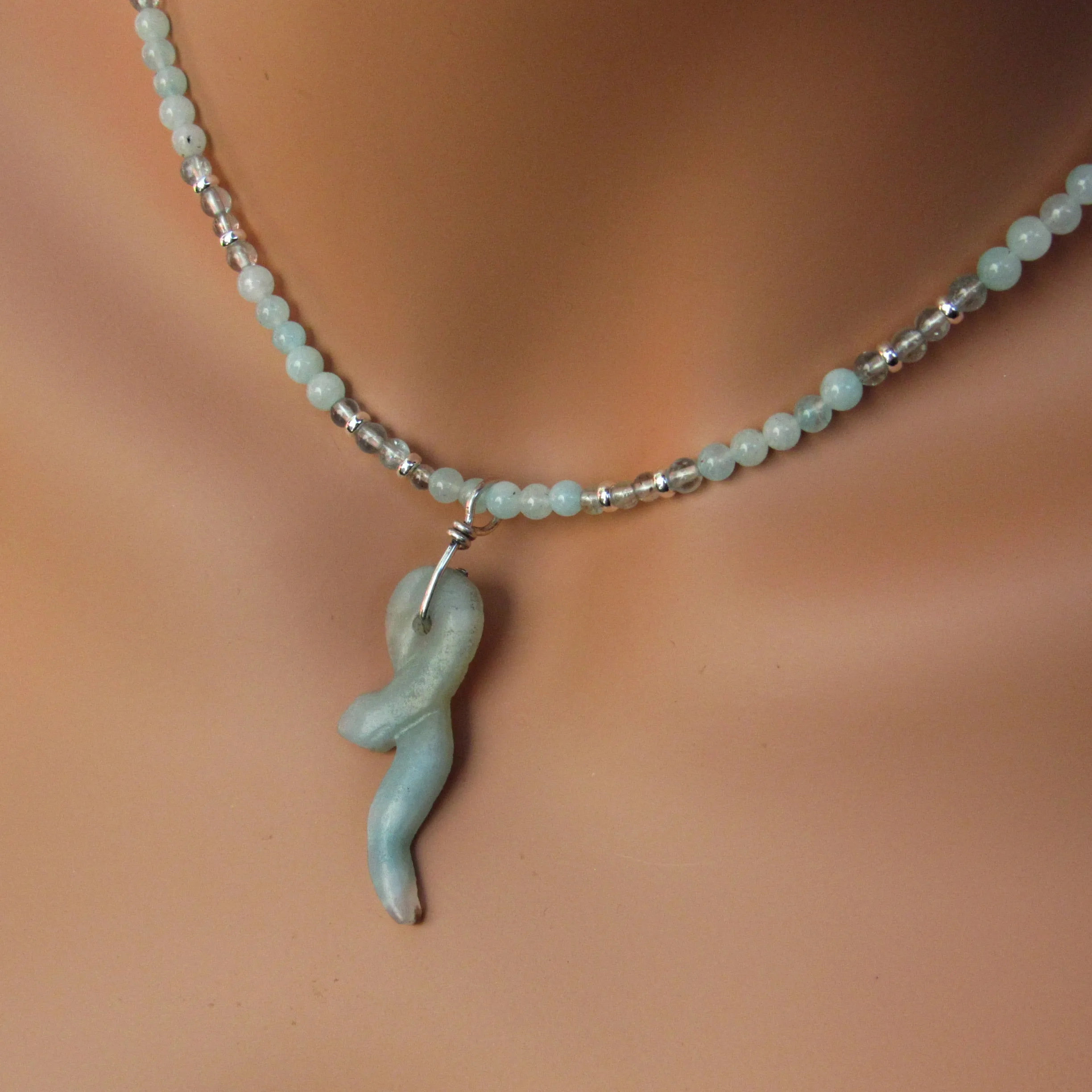 Amazonite Gemstone Snake Hand Wrapped on Amazonite and Apatite beaded Necklace