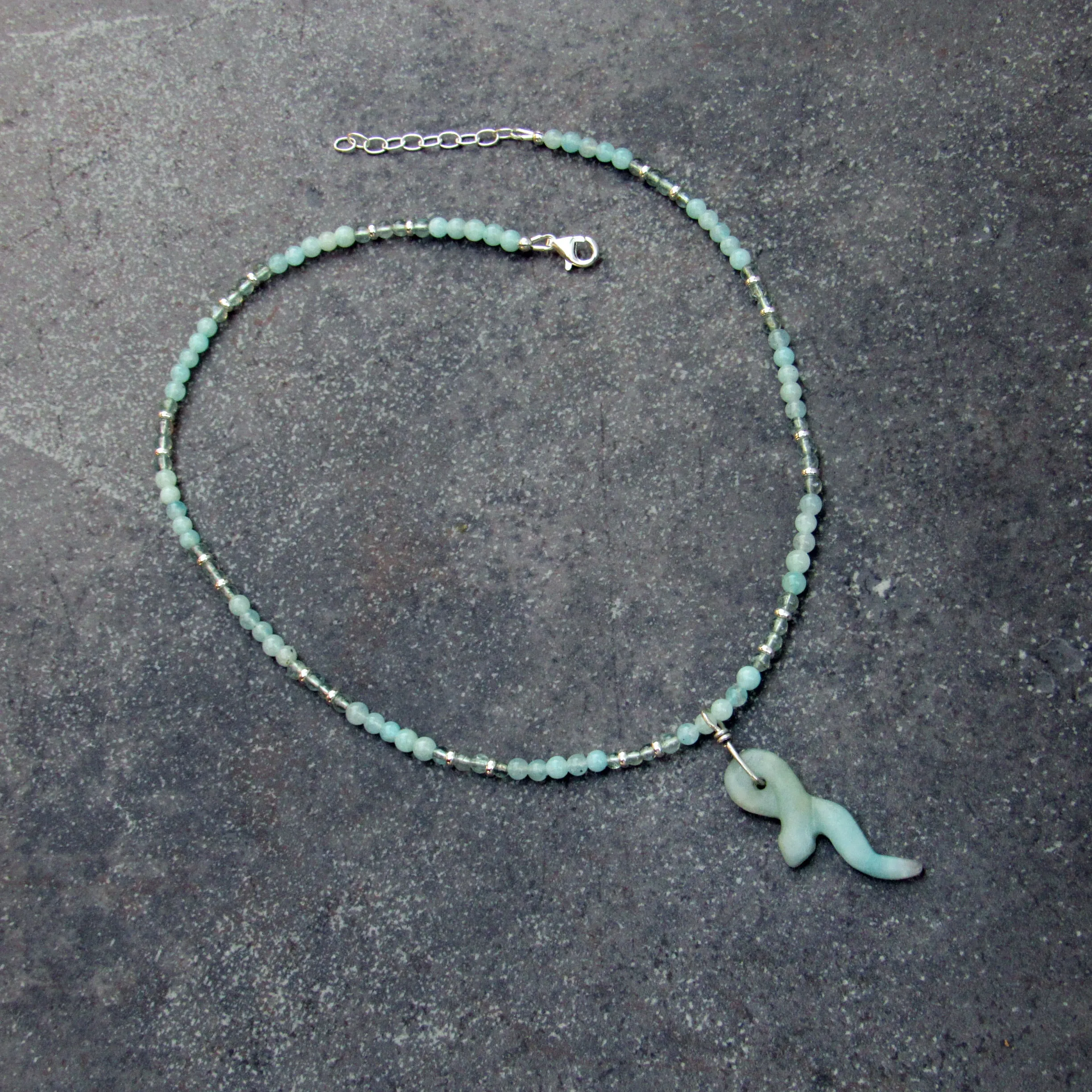 Amazonite Gemstone Snake Hand Wrapped on Amazonite and Apatite beaded Necklace