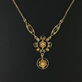 Antique Edwardian 10K Gold Diamond Lavaliere Pendant Necklace