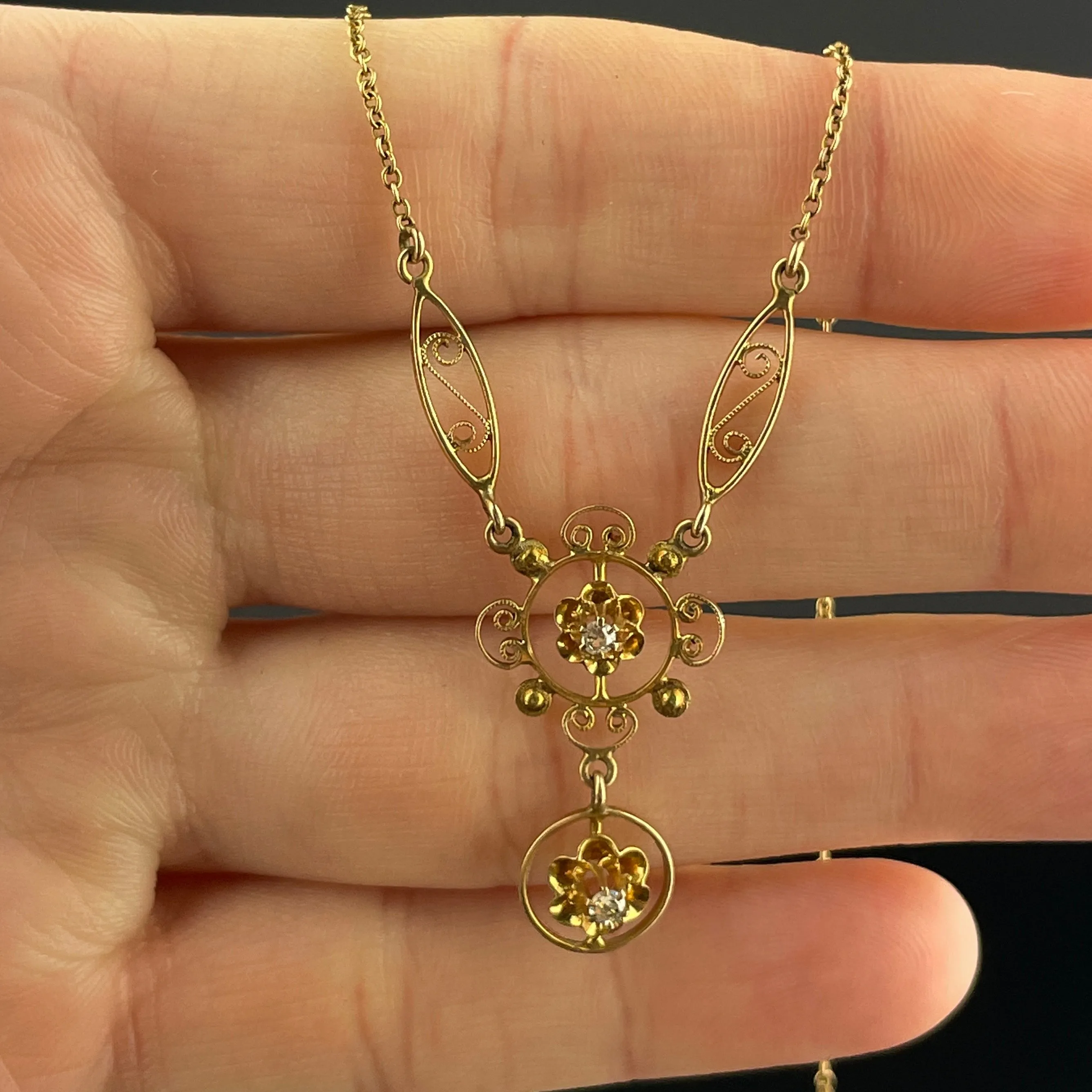 Antique Edwardian 10K Gold Diamond Lavaliere Pendant Necklace