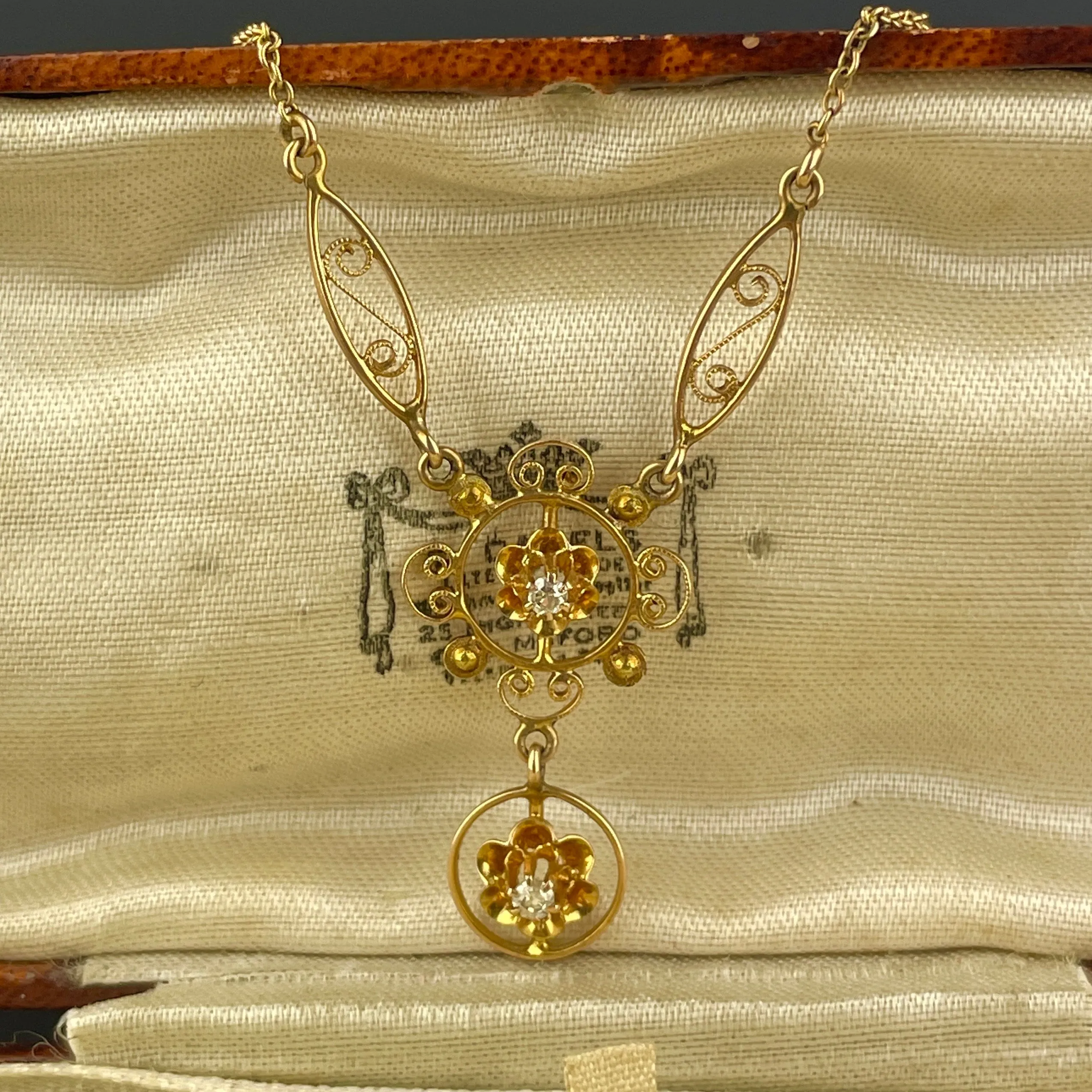 Antique Edwardian 10K Gold Diamond Lavaliere Pendant Necklace