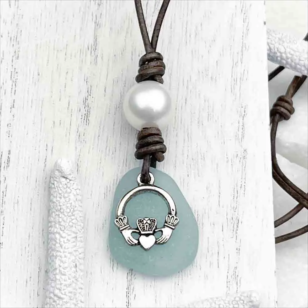 Aqua Sea Glass with Freshwater Pearl and Claddagh Charm on a Leather Necklace | #1908