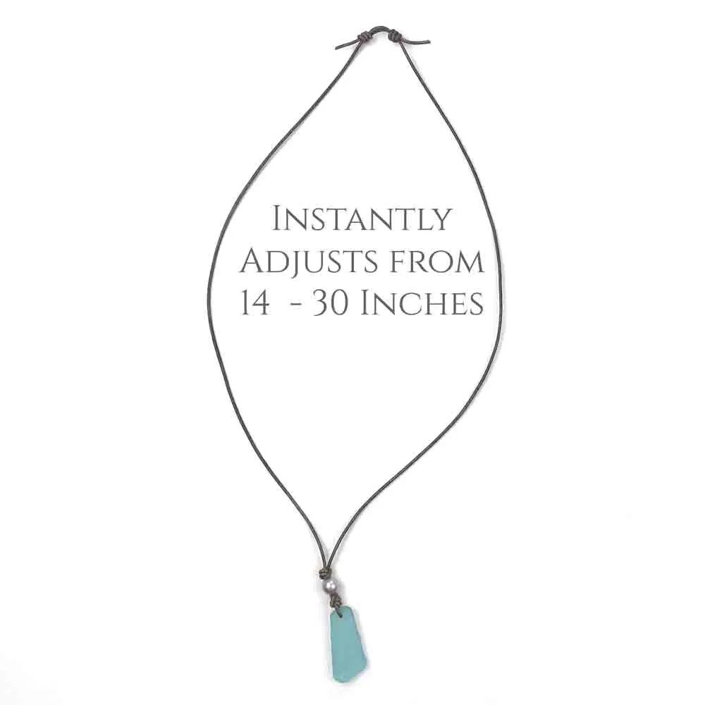 Aqua Sea Glass with Freshwater Pearl and Claddagh Charm on a Leather Necklace | #1908