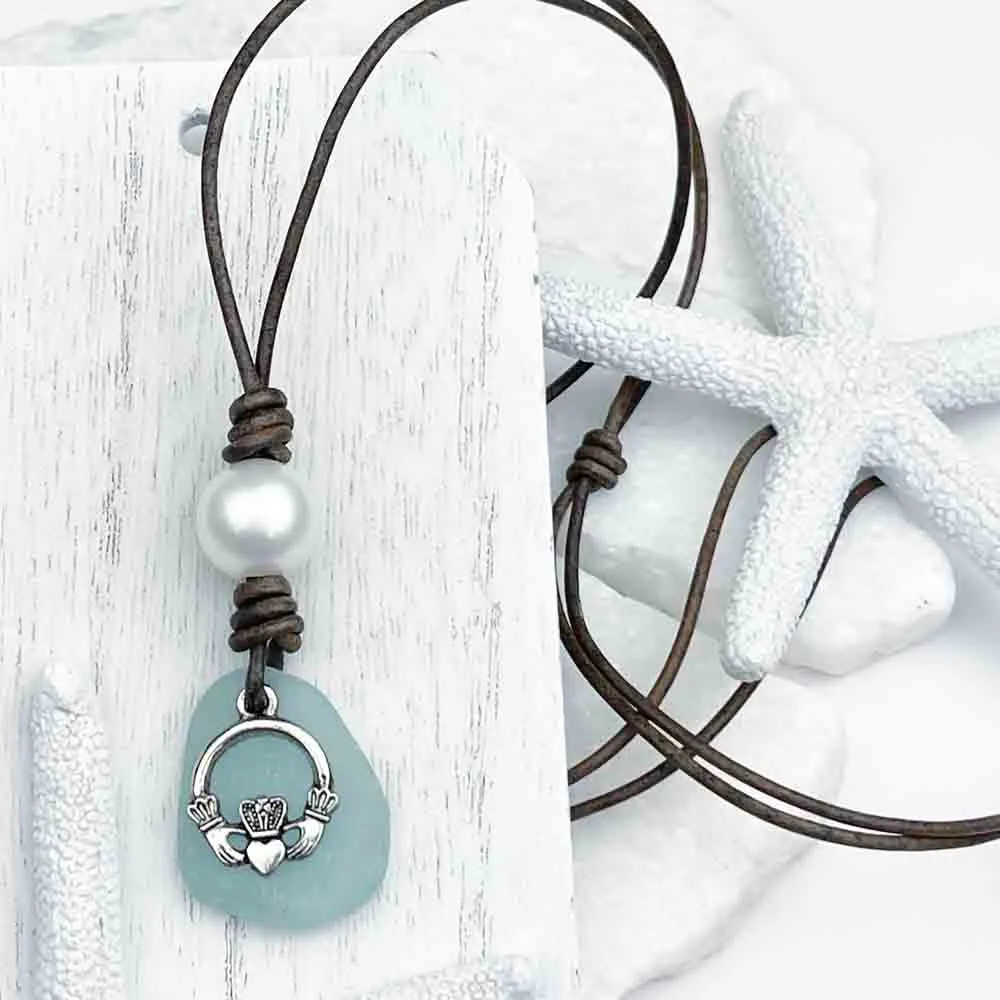 Aqua Sea Glass with Freshwater Pearl and Claddagh Charm on a Leather Necklace | #1908