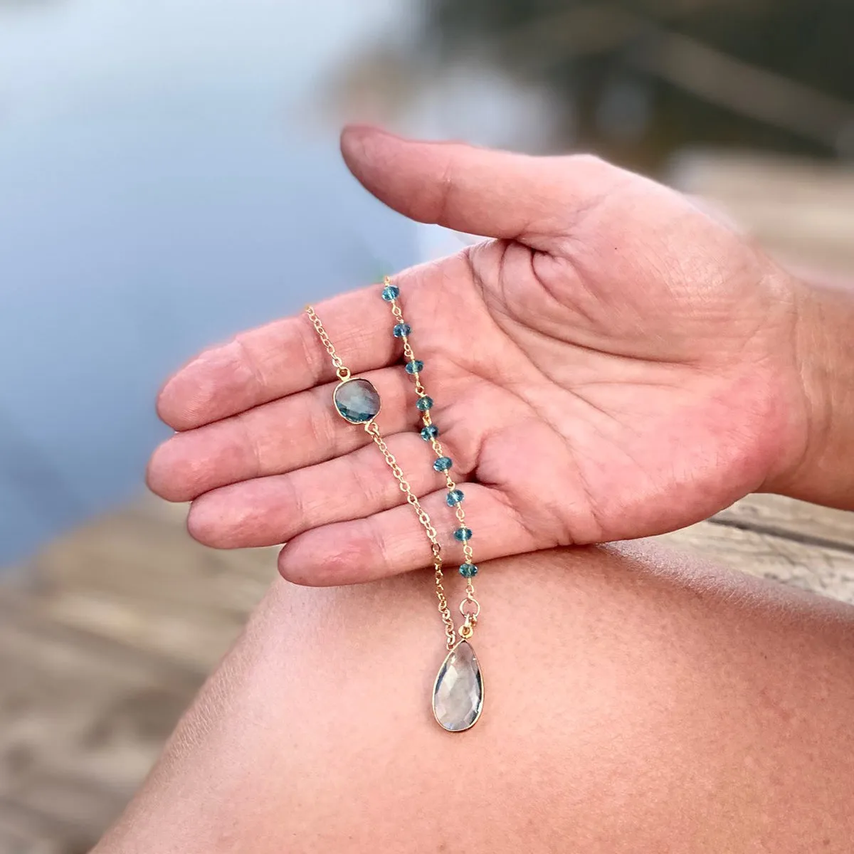 Asymmetrical Aquamarine Crystal Necklace and Earrings for Courage