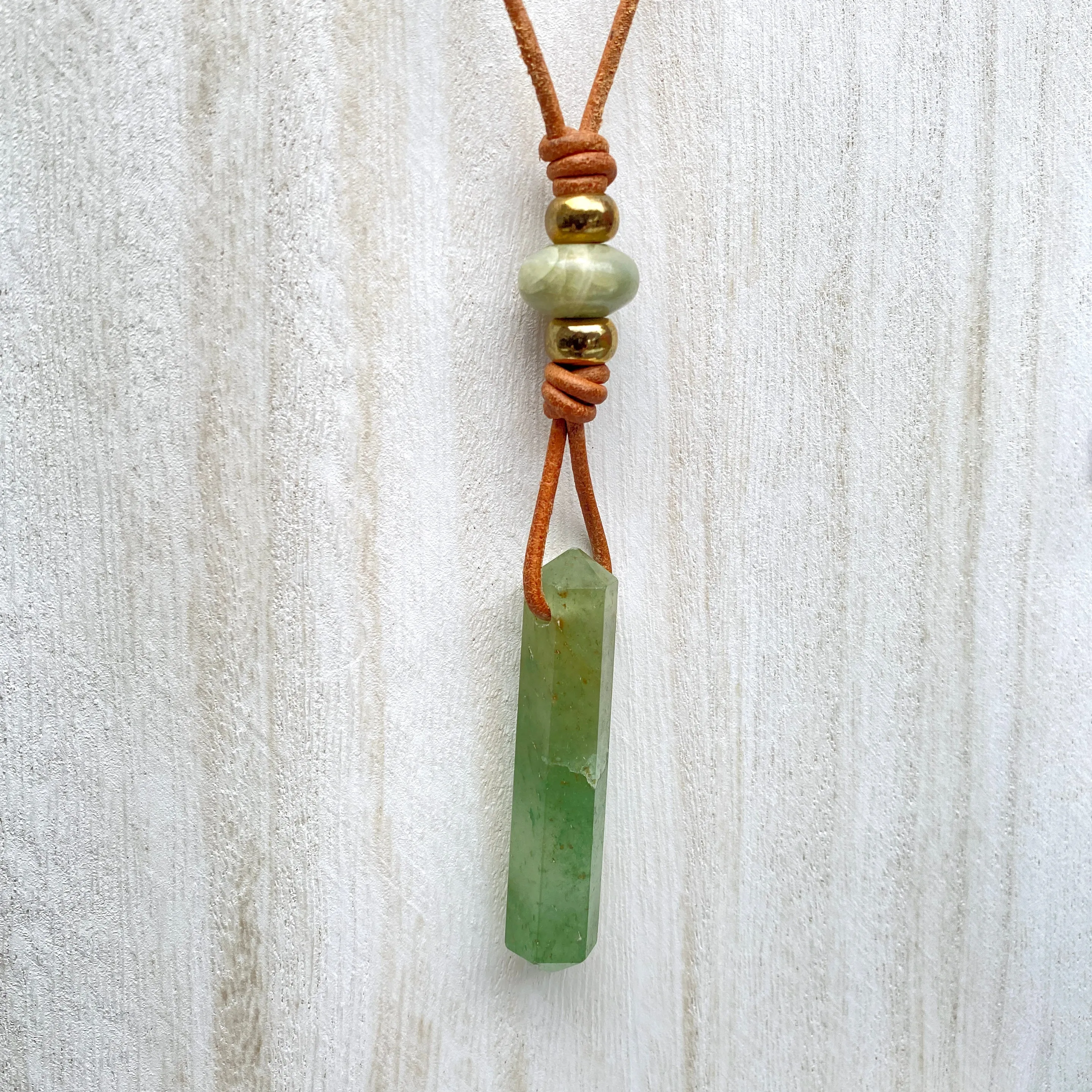 Aventurine gemstone wand pendant with Brass on Leather Necklace