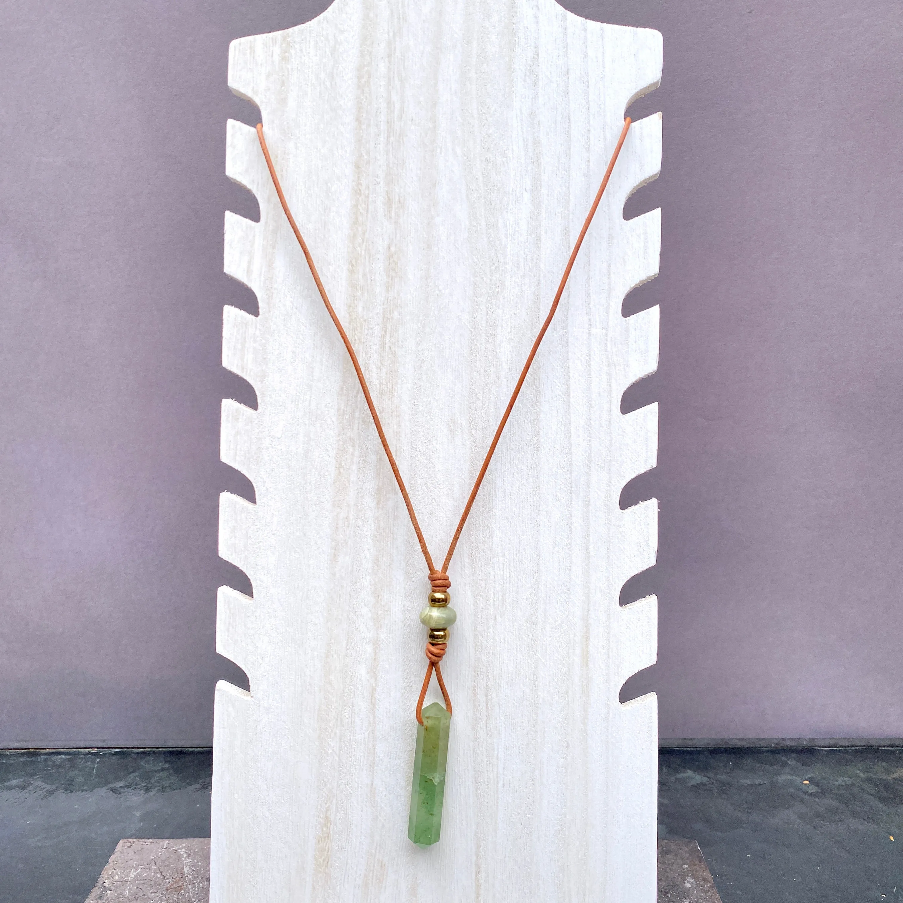 Aventurine gemstone wand pendant with Brass on Leather Necklace