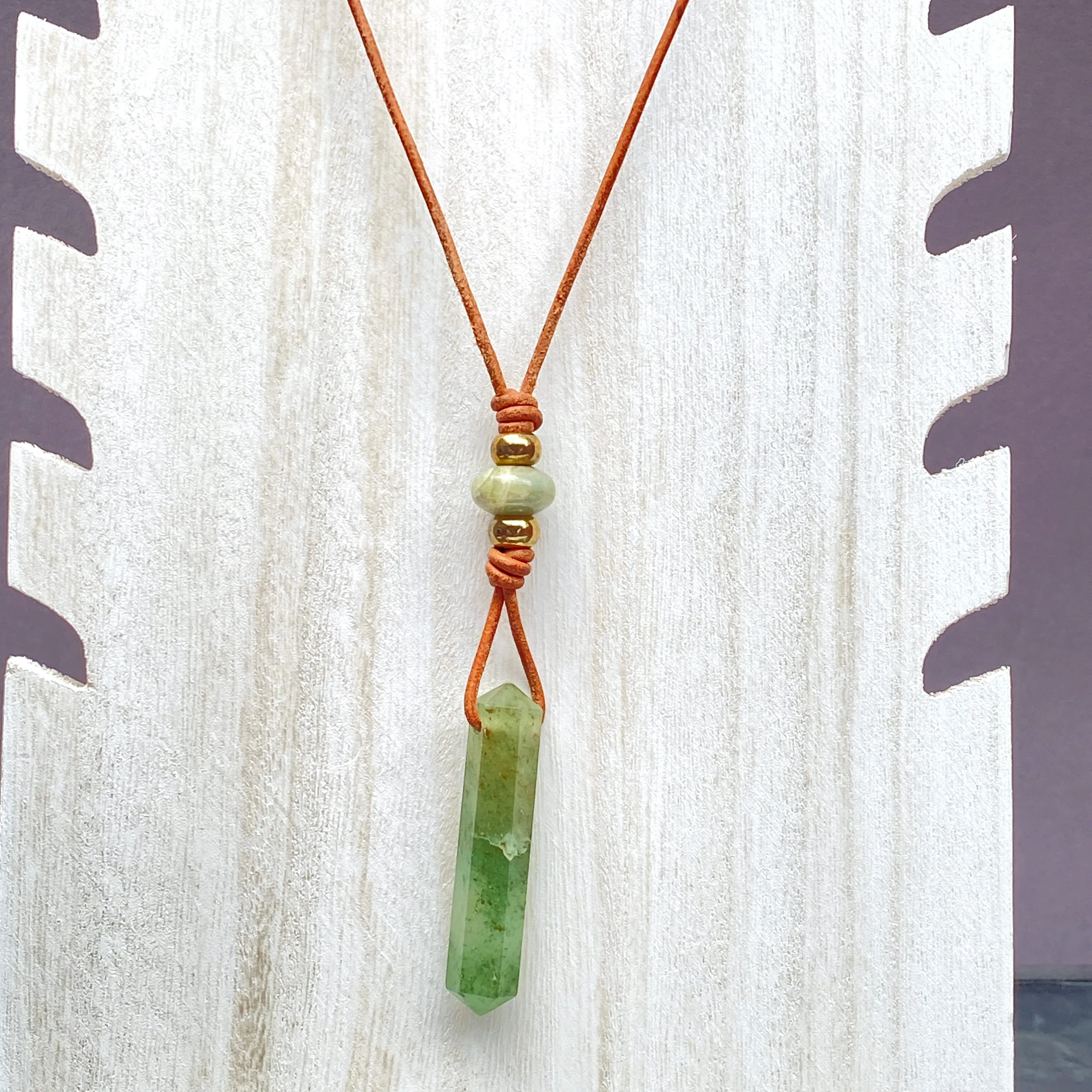 Aventurine gemstone wand pendant with Brass on Leather Necklace