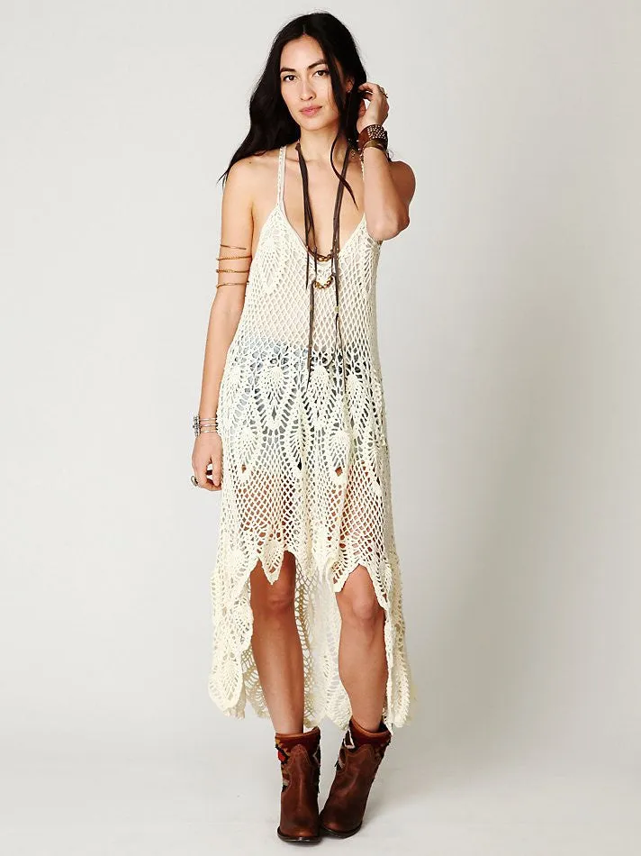 Bella Donna Dress Off White Crochet High Low Coachella Maxi Gown One Size Fits Small Medium Or Large