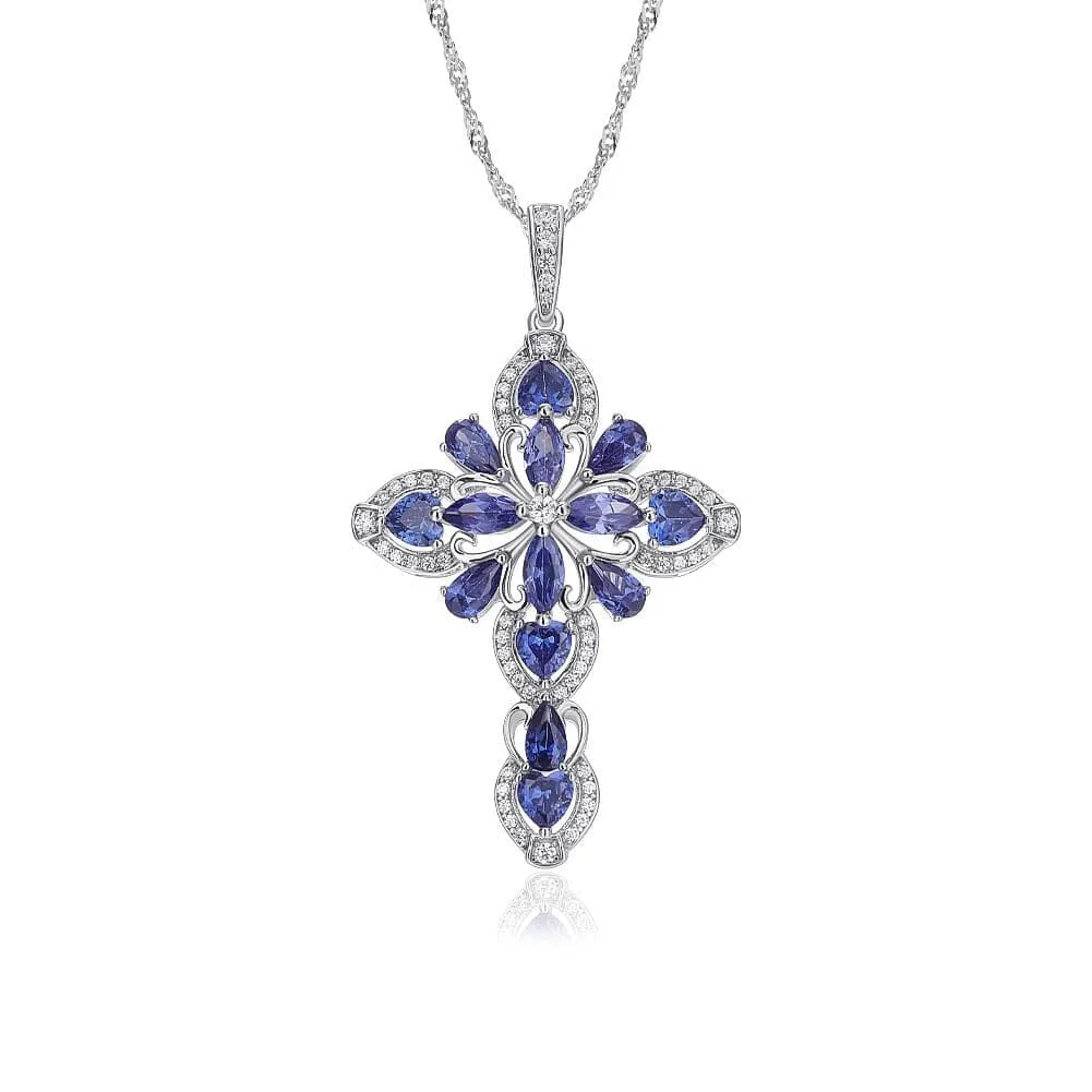 Big Cross Ruby and Tanzanite 925 Sterling Silver Pendant Necklace