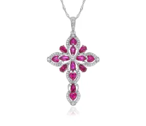 Big Cross Ruby and Tanzanite 925 Sterling Silver Pendant Necklace