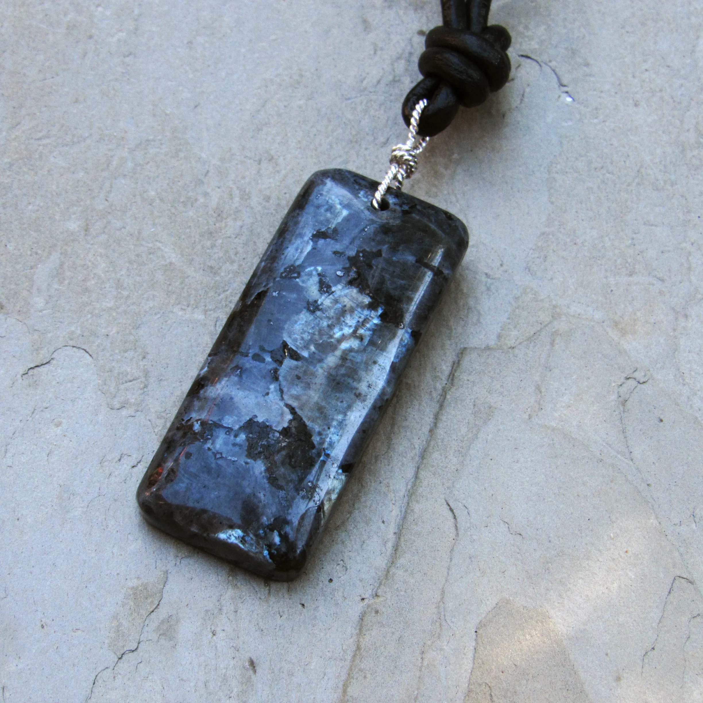 Black Labradorite (Larvikite) gemstone on Leather with Sterling Silver