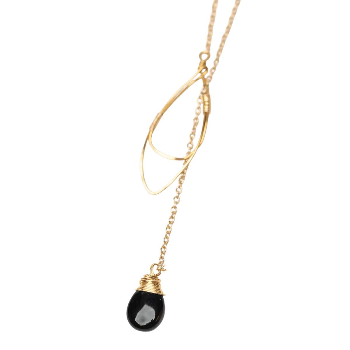 Black Onyx Teardrop Lariat Necklace in Gold