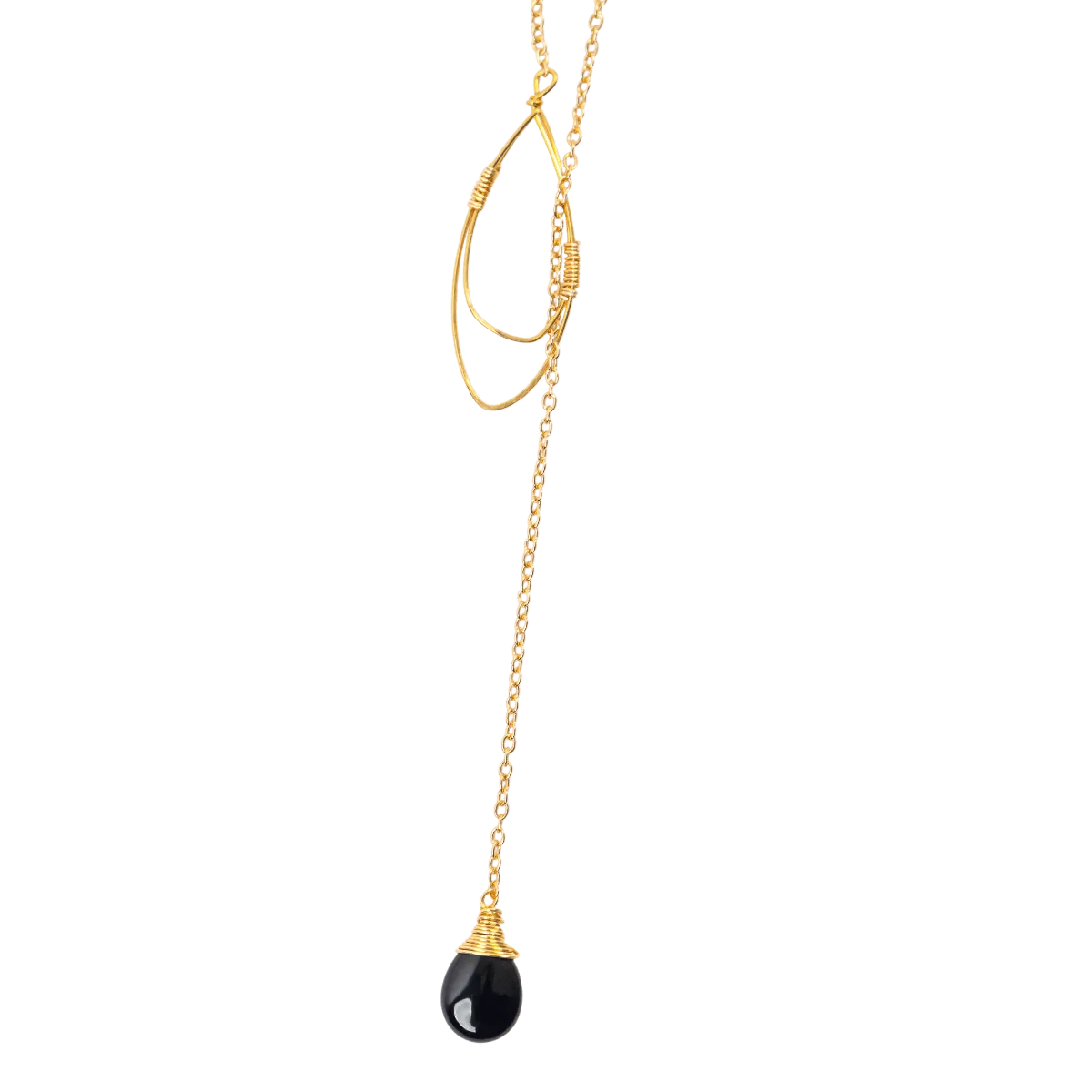 Black Onyx Teardrop Lariat Necklace in Gold