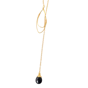 Black Onyx Teardrop Lariat Necklace in Gold