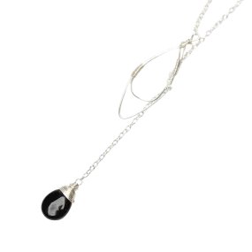 Black Onyx Teardrop Lariat Necklace in Silver